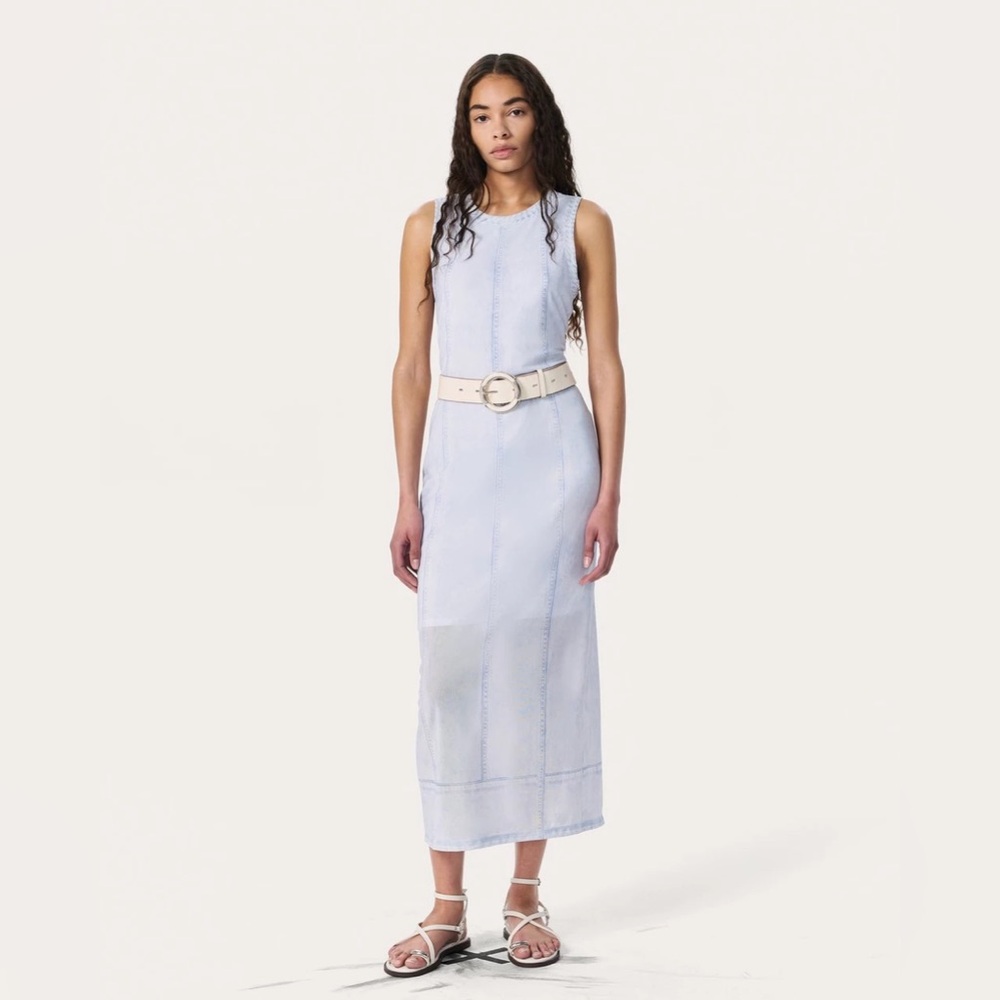 rag & bone Light Blue Sleeveless Midi Dress with Ivory Belt